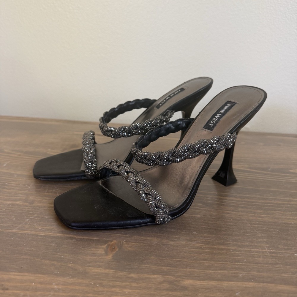Nine West Womens 8M Grey Rhinestone Square Toe Slip On Strappy Heels Sandals